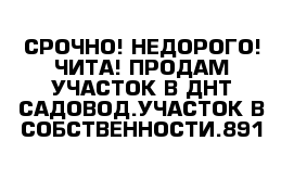 СРОЧНО! НЕДОРОГО! ЧИТА! ПРОДАМ УЧАСТОК В ДНТ САДОВОД.УЧАСТОК В СОБСТВЕННОСТИ.891